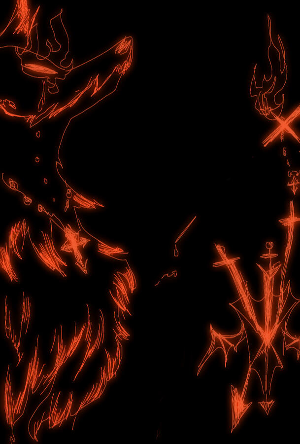 Duplicated doodles stacked on top of each other, one with gaussian blur set to color dodge blending mode to create the glowing effect. A wolf, fire & three swords crossed